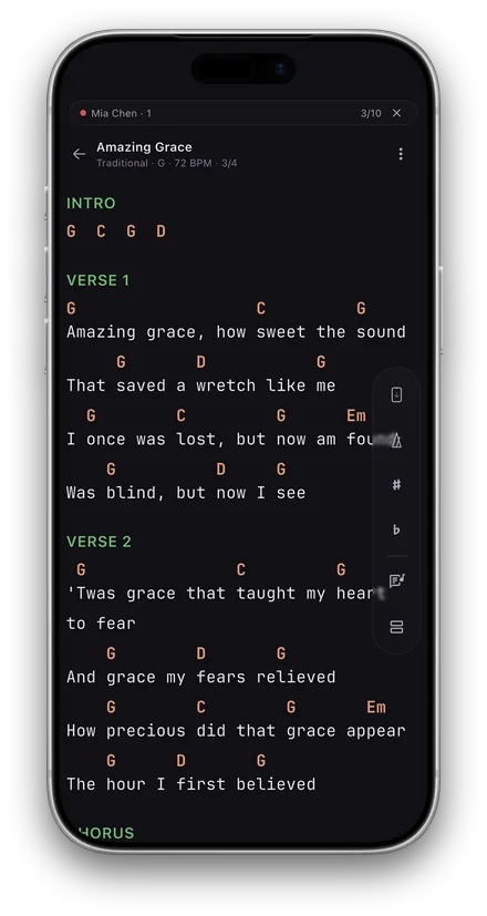Chord Collect on iPhone, following the conductor's chord sheet