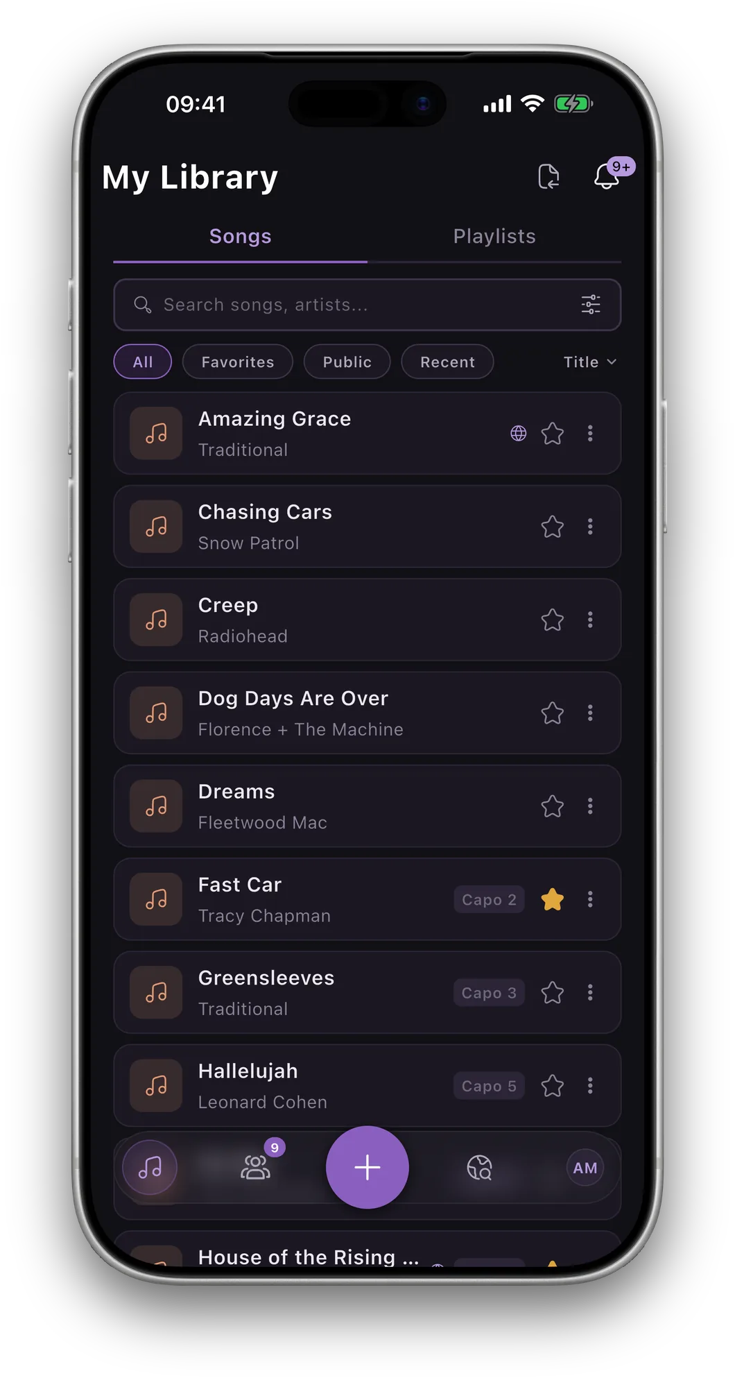 Chord Collect library screen on a phone, showing a list of saved songs