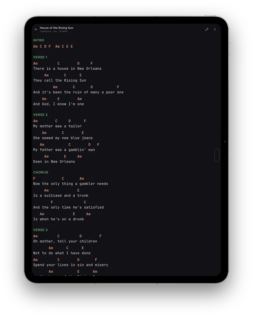 Chord Collect chord sheet in performance mode on a tablet